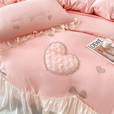 Pink Love Embroidery Korean Style Girls Wedding Washed Cotton Duvet Cover Bedding Set